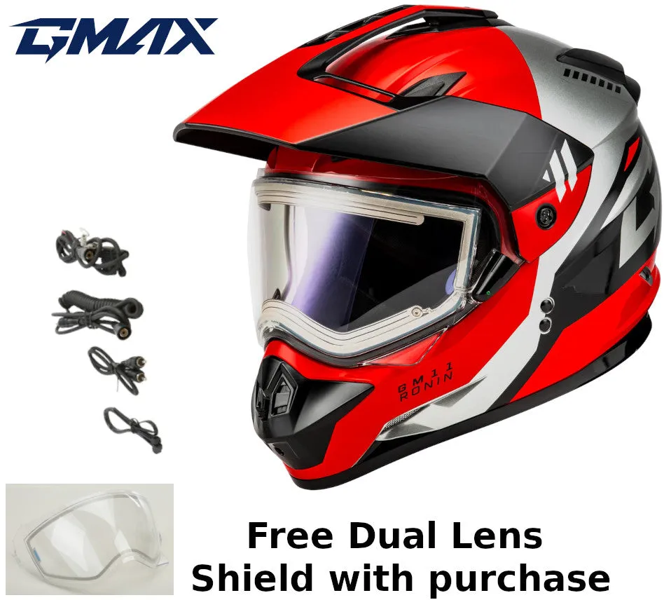 Gmax GM-11S Ronin Snow Helmet Black Red Electric Shield and Dual Lens