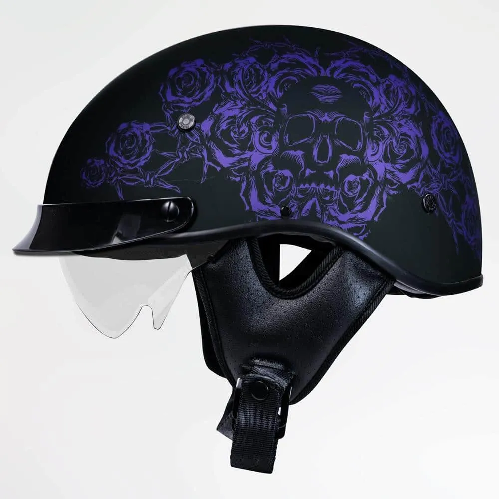 Voss 707Frp Black Skull And Rose Half Helmet With Peak