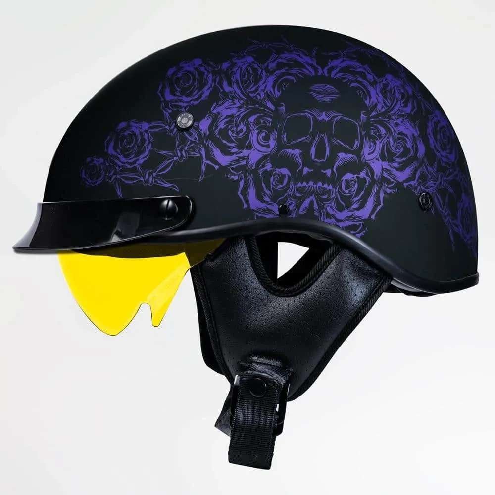 Voss 707Frp Black Skull And Rose Half Helmet With Peak