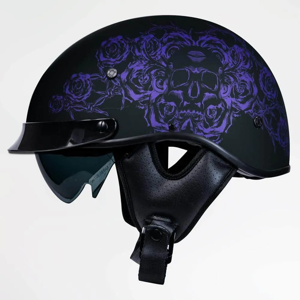 Voss 707Frp Black Skull And Rose Half Helmet With Peak
